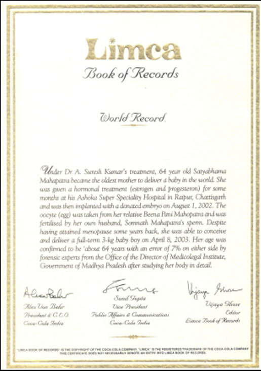 ashoka ivf award Limca Book of Record 2004